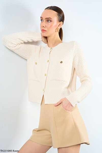 Ravencia Beige Women's Cardigan - Crew Neck, Texture and Pocket