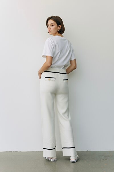 NEWCO ψηλόμεσο φαρδύ πόδι ριγέ ελαστικό μοντέρνο κομψό πλεκτό παντελόνι