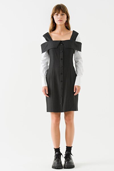 Jus De Pommes Kadın Siyah Gömlek Kollu Önü Düğmeli Elbise