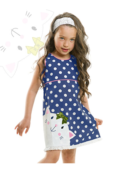 Denokids Lány sötétkék pöttyös nyári poplin ruha