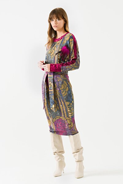 Jus De Pommes Kadın Mor Kuşaklı Desenli Elbise