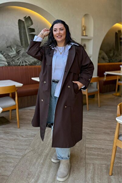 CHUL Kadın Oversize Kemerli Astarlı Trençkot-Büyük Beden Trençkot- Acı Kahve - Geniş Beden Aralığı