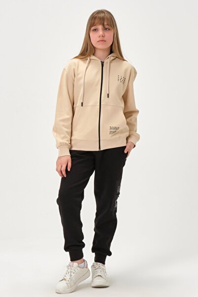 Black One Σετ αθλητικής φόρμας για κορίτσια K με κουκούλα με λεπτομέρεια εκτύπωσης σε υφασμάτινη τσέπη από ατσάλι και φερμουάρ