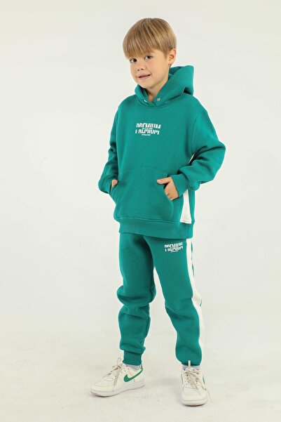 Black One Hooded Cargo Pocket Print Detailed Boy's Tracksuit Set