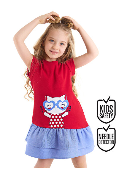 Denokids Red Girl's Summer Dress with Cat Ruffles