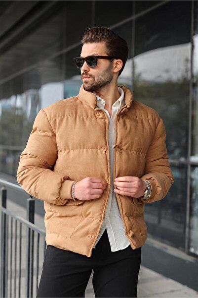 Madmext Чоловічий пуховик з капюшоном і ґудзиками Camel E7435