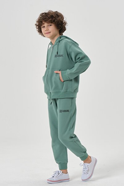 Black One Fabric Seasonal Print Detailed Pocket Corded Boys' Tracksuit Set