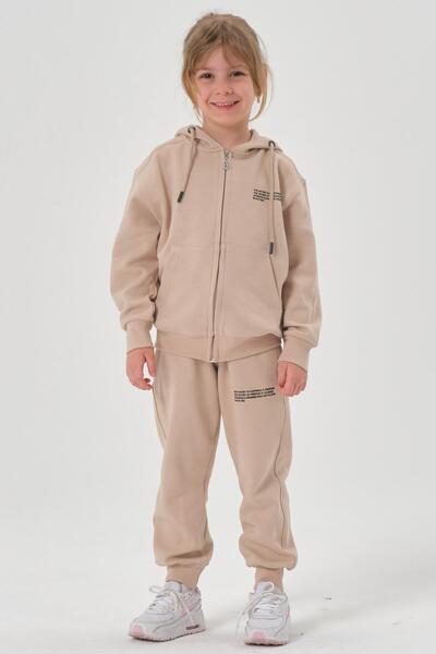 Black One Hooded Zippered Double Face Cotton Girls' and Boys' 2-Piece Top and Bottom Tracksuit Set