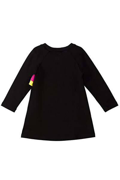 Denokids Siyah Unicorn Zebra Kız Çocuk Uzun Kollu Fırfır Detaylı Elbise