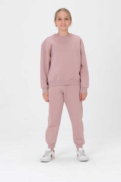 Black One Bisiklet Yaka Baskı Detaylı Şardonlu Kız Çocuk Eşofman Takımı