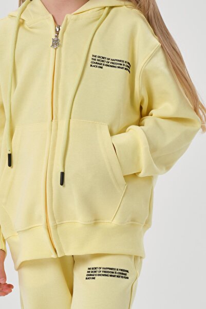 Black One Hooded Zippered Double Face Cotton Girls' and Boys' 2-Piece Top and Bottom Tracksuit Set