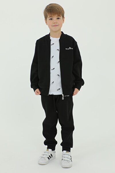 Black One Crew Neck Boys T-Shirt Print Detailed 3-Piece Tracksuit Set