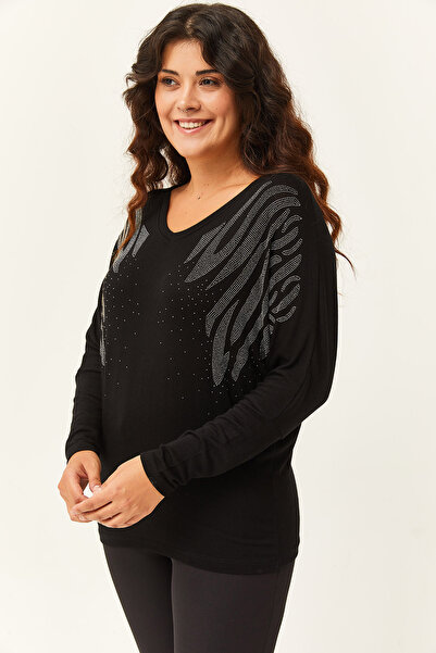 Ebsumu Γυναικεία μπλούζα με μαύρο σχέδιο με πέτρα με μανίκια με μπαλέτο