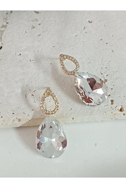 mos&more White Stone Drop Gold Women's Earrings