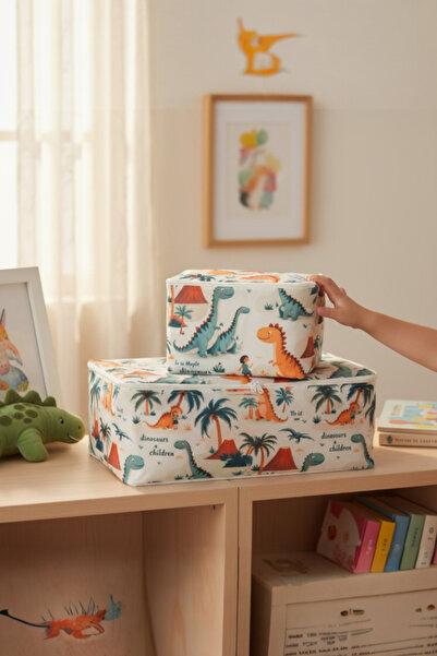 Textile sweet 2'li Dinozor Desenli Çocuk Odası Hurç Set Kıyafet Kazak Organizer Çocuk Hurç