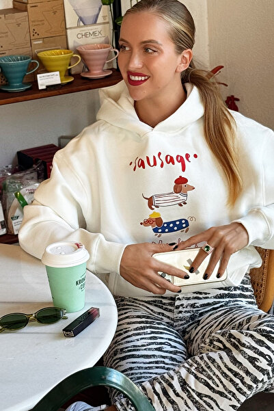 Le'sluette shadow of style Kadın Sosis Köpek Baskılı Relaxed Karyoka Dikişli Kapüşonlu Sweatshirt