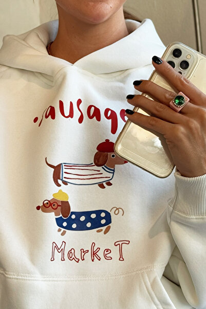 Le'sluette shadow of style Kadın Sosis Köpek Baskılı Relaxed Karyoka Dikişli Kapüşonlu Sweatshirt