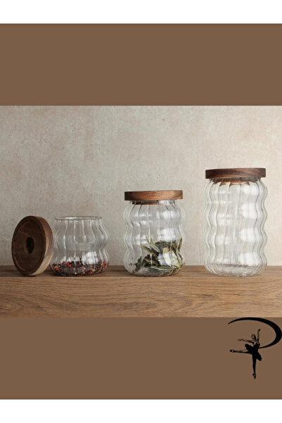Porland Charla 3'lü Akasya Kapaklı Dalgalı Cam Kavanoz Seti 340 ml / 530 ml / 680 ml