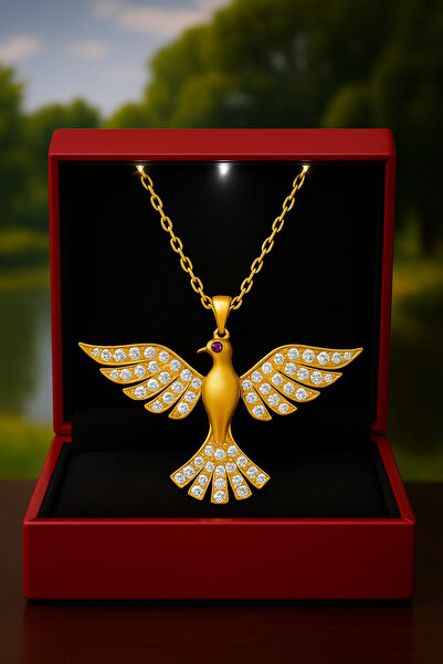 KAR DİAMOND 14 Ayar Altın Zincirli Zümrüdü Anka Kuşu Kolye - Sertifikalı Işıklı Hediye Kutulu