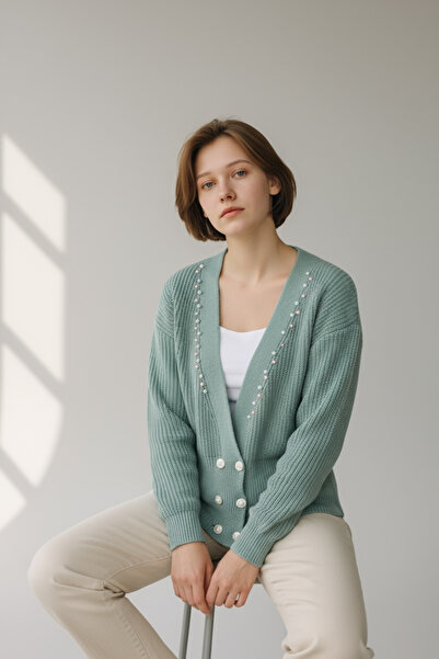 NEWCO Cardigan tricotat cu decolteu în V, în stil modern, cu două rânduri de nasturi, cu detalii de piatră - verde