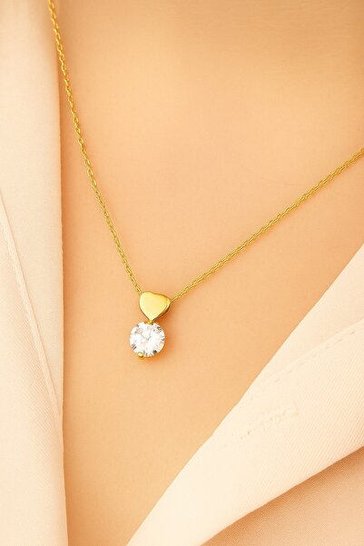 KAR DİAMOND 14 Ayar Altın Zincirli 1 Karat Zirconia Taşlı Kalp Kolye - Sertif...