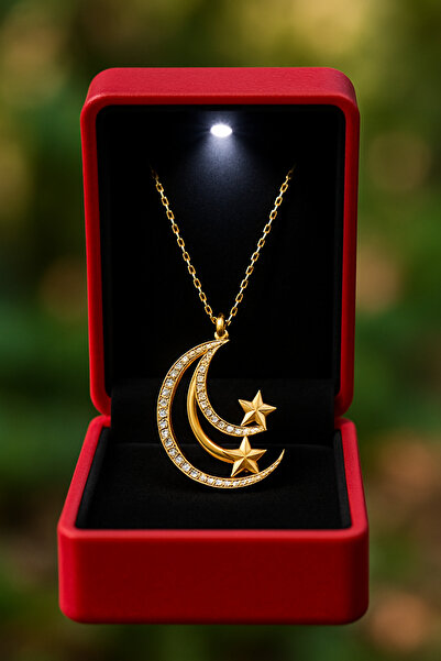 KAR DİAMOND 14 Ayar Altın Zincirli Zirkon Taşlı Üç Katmanlı Ay Ve Yıldız Koly...