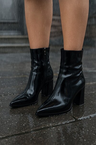 diya shoes Kadın Siyah Sivri Burun Kalın Topuklu Fermuarlı Şık Günlük ve Kışlık Bot