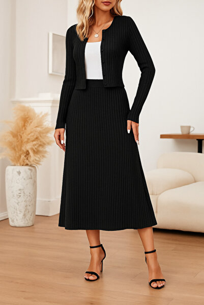 M&G PREMIUM BOUTIQUE Siyah Triko Örme Uzun Elbise – Düğmeli Zarif Tasarım | K...