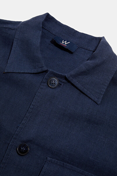 W Collection LACİVERT UZUN KOLLU KETEN GÖMLEK