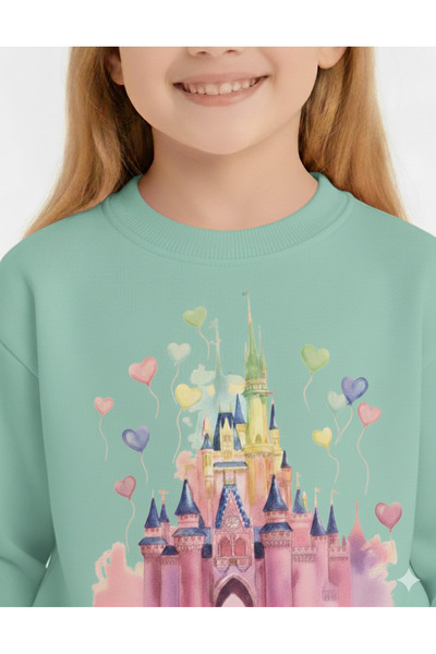 LİTTLE TORTOİSE طقم رياضي للفتيات مطبوع عليه قلعة العجائب مع قلب / طقم سترة ر...