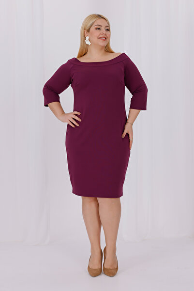 Mooi XXL Γυναικείο μωβ φόρεμα Carmen γιακά τριών τετάρτων, ελαστικό κρεπ φόρεμα