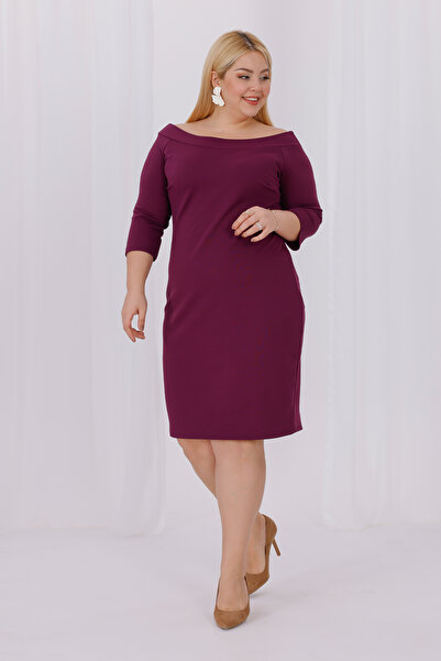 Mooi XXL Γυναικείο μωβ φόρεμα Carmen γιακά τριών τετάρτων, ελαστικό κρεπ φόρεμα