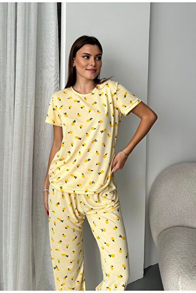 ELİBELLA Kadın Limon Detaylı Pamuklu Likralı Pijama Takımı