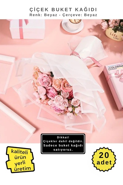 COLORPAK Çiçek Buket Ambalaj Jelatin Kağıdı (Transparan BEYAZ zemin ve BEYAZ ...