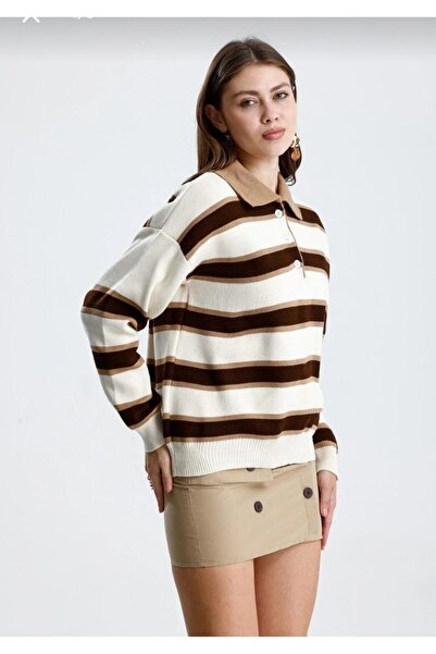 trivvy Pulover de damă cu gât polo cu dungi