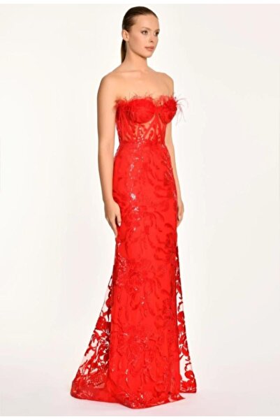 ALFABETA KADIN ABİYE STRAPLEZ GÖĞÜS OTRİŞLİ YIRTMAÇLI PAYETLİ ŞIK UZUN ELBİSE