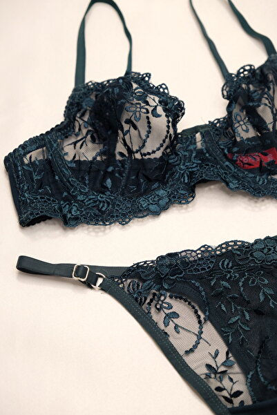 ARONA Balenli Brode İşlemeli Sütyen Tango Takımı - Zümrüt (B Kap)