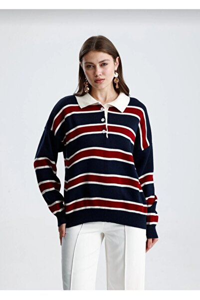 trivvy Pulover de damă cu gât polo cu dungi