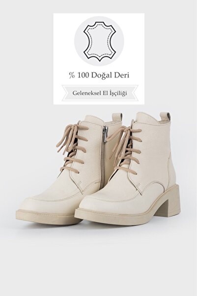 TUNAELLİ KADIN BEJ HAKİKİ DOĞAL DERİ BAĞCIKLI BOT & BOOTİE