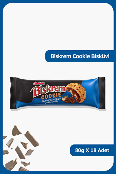 Ülker BİSKREM Cookie-Bitter Çikolatalı Krema Dolgulu Fındıklı, Kakao Parçacıklı Kurabiye-80 gram-18 Adet