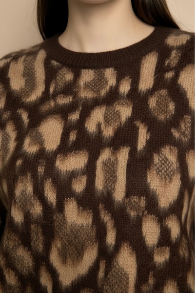 Store Leopar Desenli Yuvarlak Yaka Triko Tunik