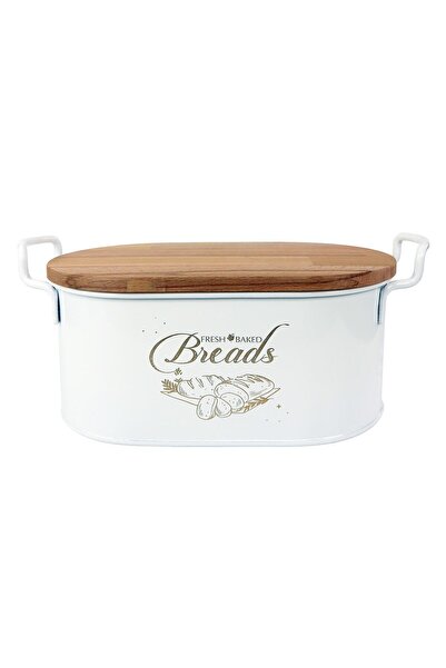 Bestofhome White Wrought Iron Wooden Covered Bread Bowl with Cutting Board