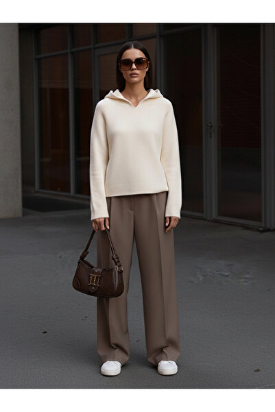 Ltb Uzun Kollu Kapüşonlu Triko Beyaz Kazak