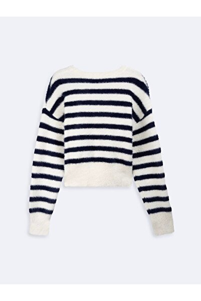 Ltb Bisiklet Yaka Çizgili Triko Beyaz Kazak