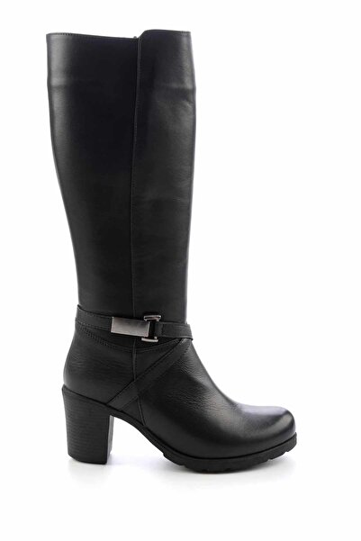 Kocamanlar Ayakkabı Ayakdaş Below-The-Knee Buckle Heeled Genuine Leather Women's Boots Black