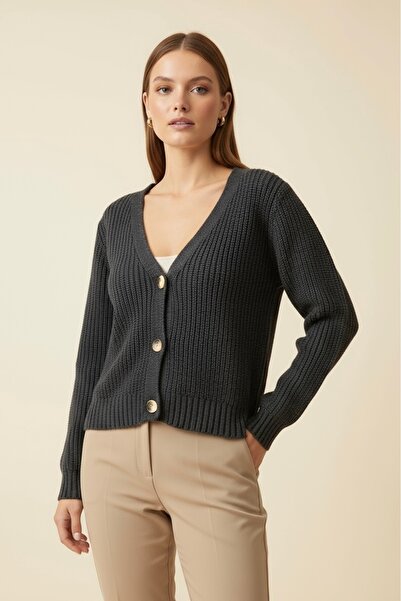 Store Örgü Desenli Düğmeli Hırka-Antrasit