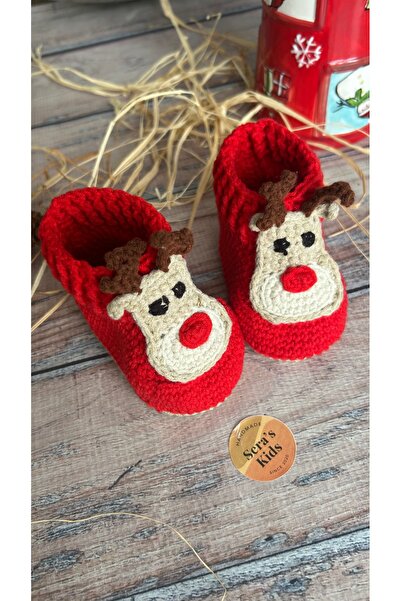 seraskids El Örgüsü Kırmızı Geyik Desenli Unisex Bebek Bot Patik | Koton İp Yılbaşı Konseptli