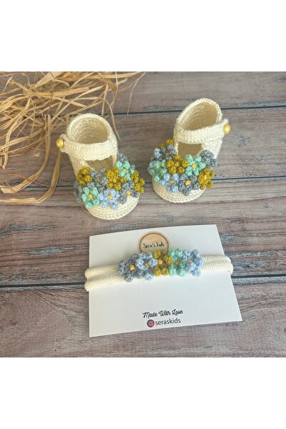 seraskids Hand Knitted Cream Color Flower Bunch Baby Girl Shoes Booties and Bandana Set