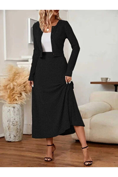 Butik Bluză cu mânecă lungă și nasturi în față pentru femei și fustă lungă în...