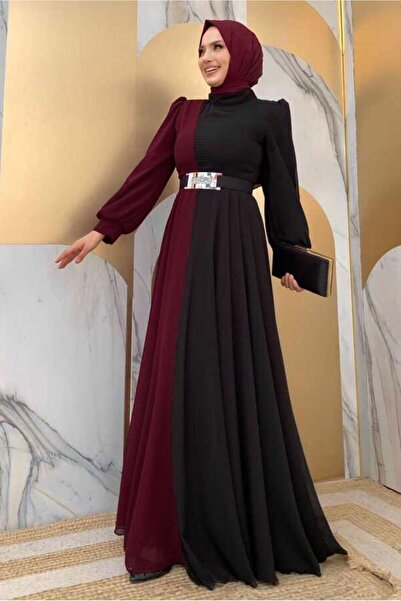 TRENDTESETTÜR KADIN BORDO KEMERLİ İKİ RENKLİ ŞİFON ELBİSE T 6083